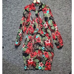 Fashion To Figure Floral Cross Front Dress Womens 2X Black Tropical Long Sleeve